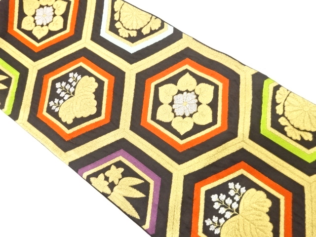 アンティーク　亀甲に桐・菊・笹竜胆模様織り出し全通袋帯（材料）